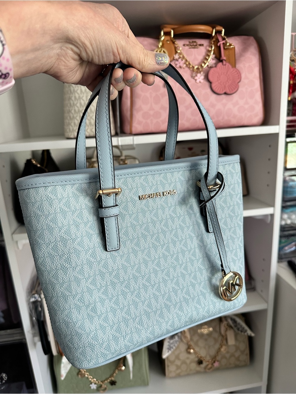 NWT~ MICHAEL KORS LIGHT BLUE EXTRA SMALL CARRYALL TOTE BAG